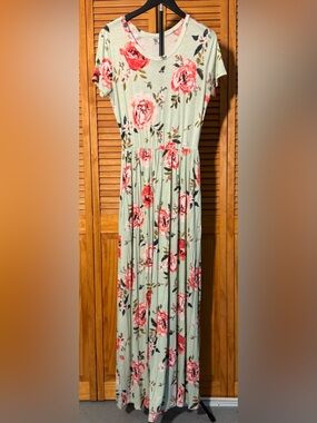 Mint Green Floral Maxi Dress with Pink Rose Pattern